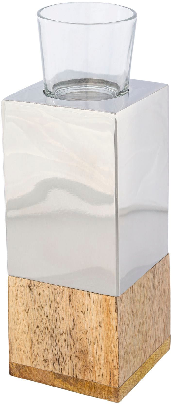 Teelichthalter CREATIV HOME "Kerzenhalter Tower", silber (silberfarben), B:8cm H:23cm T:8cm, Edelstahl, Glas, Kerzenhalter, Teelichthalter, aus Holz, Edelstahl und Glas