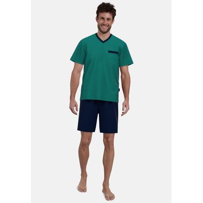 Shorty GÖTZBURG "Bray", Herren, Gr. 50 (M), grün (grün, mittel, allover), Single Jersey, Obermaterial: 100% Baumwolle, unifarben mit Farbeinsatz, casual, bequem kniefrei, V-Ausschnitt, Kurzarm, Homewear-Sets, V-Ausschnitt, Brusttasche, Baumwolle Image
