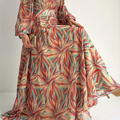 TEMU Neck Kaftan Dress, Elegant Long Sleeve A-line Flowy Maxi Dress, Women's Clothing Image