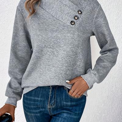 TEMU Women's Geometric Pattern Asymmetric V-neck Button Detail Sweatshirt - Middle Eastern-inspired Spring/fall Casual Top, Hand Wash Only, Apparel, Elegant Button Accents Image