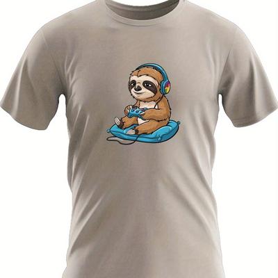 TEMU Men's Casual Crew Neck T-shirt With Sloth Playing Video Game Graphic, 100% Polyester Knit Fabric, Stretch, Regular Fit, Summer Season, Geometric Pattern, 150gsm - Black Image