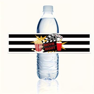 TEMU 12pcs Movie Bottle Stickers - Black & White Striped Cinema Decor With Popcorn, & Cup Design - Durable Paper Labels For Birthday Party Favors, Home Theater Decorations, Movie Theater Decor Image