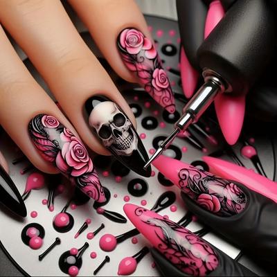 TEMU Halloween Press-on Nails For Women - Almond Shape Medium Length Glossy Fake Nails With Rose & Design, Reusable False Nails In For Parties, , Nails Accessories, Party Accessories Image