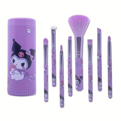 TEMU 8pcs Makeup Brush Set, Kuromi Design- Nylon Bristles, Abs Handle, Oil-free Formula Suitable For All Light Beige Types- Includes Blush, Eyebrow, Lip, And Eyeshadow Brushes, With Decorative Holder Image