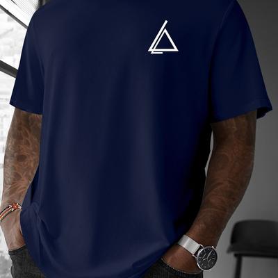 TEMU Men's Casual Crew Neck T-shirt With Geometric - Light Gray, Soft Fabric, Summer, Everyday Tshirt | Minimalist Style | Image