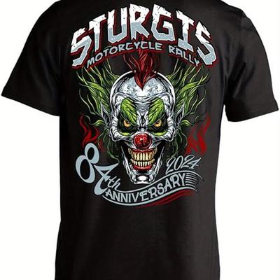 TEMU Men's Motorcycle Rally Skull Graphic T-shirt - 100% Cotton, Black Retro Biker Design, Short Sleeve, Round Neck, Casual & For All , Motorcycle Shirt Image