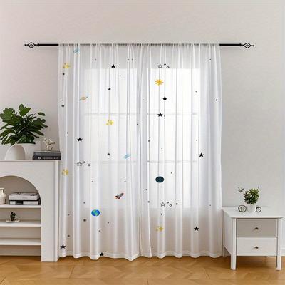 TEMU 2pcs/ Set Travel Fantasy Printed Window Screens, White Screen Painted Planet , Science Fiction Like Suitable For Bedroom, Living Room, Office - Machine Washable, Decorative Curtains