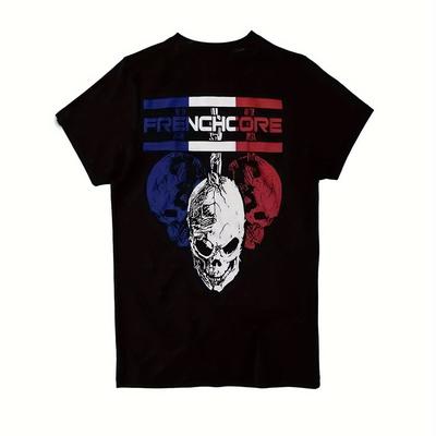 TEMU Frenchcore Graphic T-shirt - Black French Flag Skull Design With Headphones & Microphones - 100% Cotton Heavyweight 220gsm Unisex Streetwear For - Hardcore Techno Apparel, Music T Shirts Image