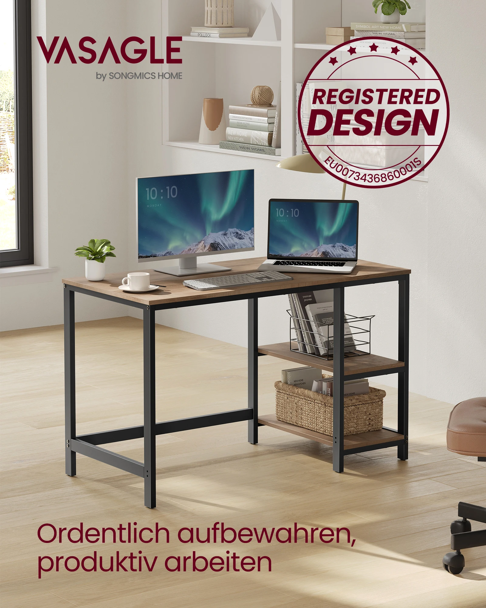 VASAGLE Schreibtisch, Computertisch, PC-Tisch, Bürotisch,mit 2 Ablagen auf der rechten oder linken Seite,fürs Büro,Stahlgestell Image