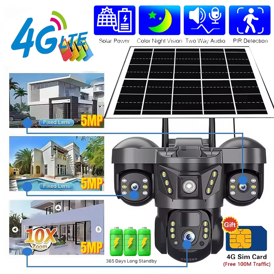 Tri-Objektiv-Heimüberwachungskameras, 15 MP, wasserdicht, für den Außenbereich, Sicherheitsschutz, Nachtsicht, kabellose CCTV, 4G-SIM-Karte, IP-Kamera Image
