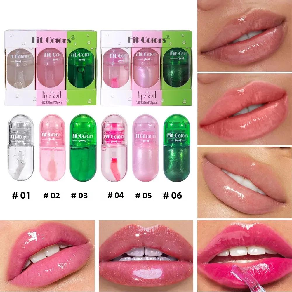 3 Stück Mini-Kapsel, Lipgloss, Lippenöl-Set, Make-up, Farbwechsel, Glitzer, feuchtigkeitsspendend, klar, glänzend, nahrhaft, flüssiger Lippenstift Image