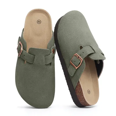 Smile Pop Men's Suede Shoes With Adjustable Back Strap Leather Mules With Cork Flip-Flop Slippers Insoles Slip-On Potato Shoes