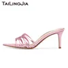 Frauen spitz Rosa Strappy Maultiere Sandalen Große größe Schuhe Damen Elegante Party Heels Sommer