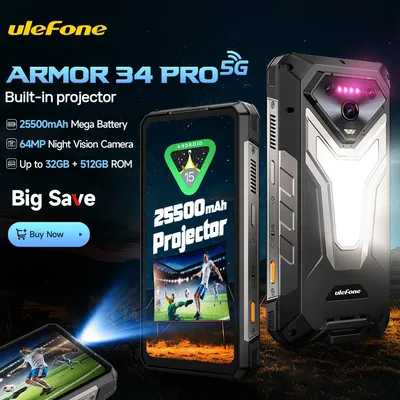 【Weltpremiere】 Ulefone Armor 34 Pro 5G AI Rugged Phone 25500 mAh Bis zu 32 GB + 512 GB Eingebauter Projektor 120 Hz 6,95 Zoll NFC Smartphone LED-Licht IP69K 64 MP Nachtsicht-Mobiltelefon