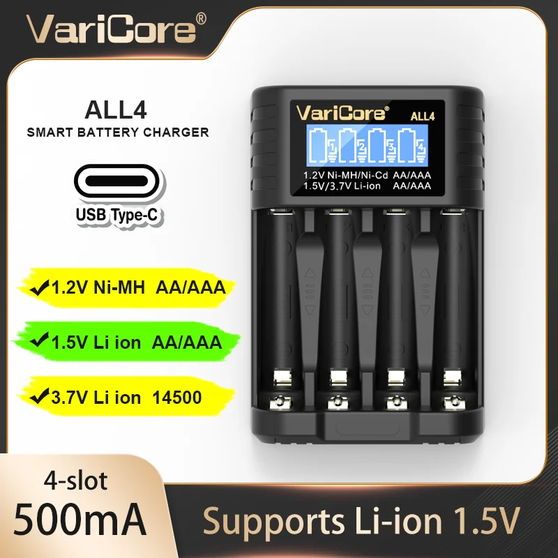 2025 Varicore-Akkuladegerät 4 8 Steckplätze für 3,7 V Li-Ion 14500 10440 1,2 V Ni-MH Ni-Cd AA AAA 1,5 V Schnelles und sicheres Laden Image