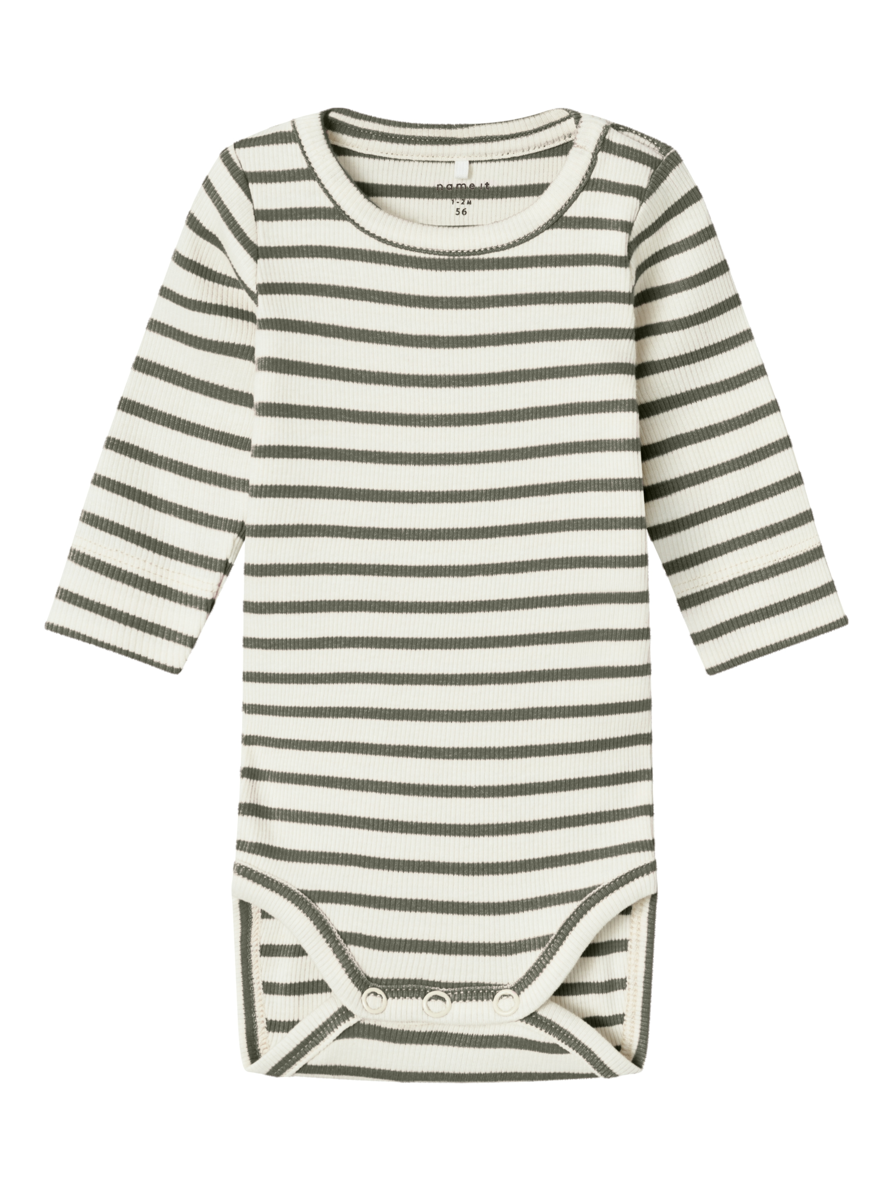 Langarmbody NAME IT "NBNBANI LS BODY NOOS", Baby, Gr. 74, N-Gr, grün (dusty olive), Jersey, Obermaterial: 57% Baumwolle, 38% Modal, 5% Elasthan, geringelt, gestreift, regular fit, Rundhals, Bodys Image