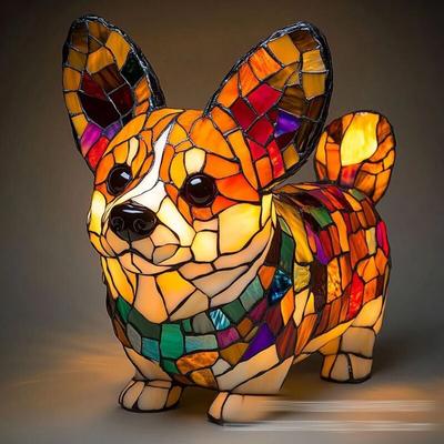 Tier-Buntglaslampe – Vintage-Buntglas-Katzenlampe Handgefertigtes Nachtlicht mit Tiermotiv Buntes Image