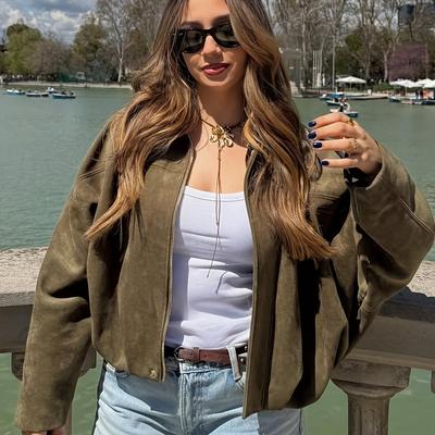 TEMU Women's Batwing Sleeve Jacket With Notched Lapel Collar & Decorative Shoulder Straps - Regular Fit H-silhouette, Zipper Front, Machine Washable, Casual Outerwear, Versatile Fashion, Fabric Image