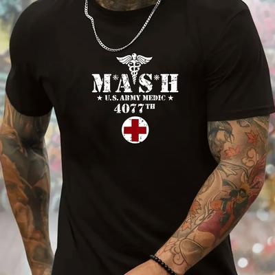 "TEMU Men's Olive Green Short Sleeve T-shirt - Lightweight, Breathable Polyester With Stethoscope & "" Print, Crew Neck, Summer Casual & Outdoor Wear" Image