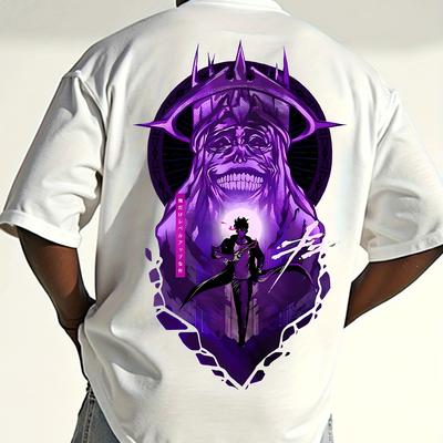 TEMU Men's Anime Graphic Print T-shirt - Soft Polyester Lightweight Summer Tee With Vibrant Purple & Pink Artwork, Regular Fit Round Neck Casual Streetwear For Men, Anime T Shirt, Shirt, Top Image