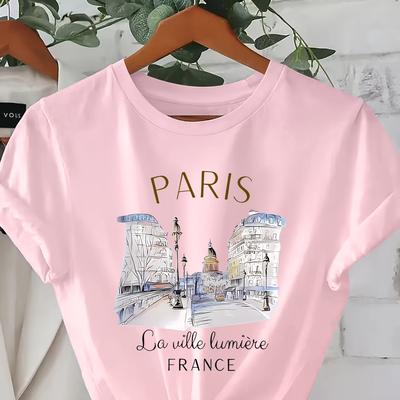 "TEMU Women's Paris-inspired Graphic Tee - Casual Short Sleeve Crew Neck T-shirt With & "paris" Print, Soft Polyester Blend, Outfits, Summer Casual Wear | Parisian Style | Shirt" Image