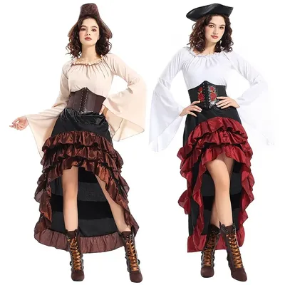 Mittelalterliche Dame Karibik Piraten Kostüm Retro Korsett Rüschen Outfit für Halloween Cosplay Image