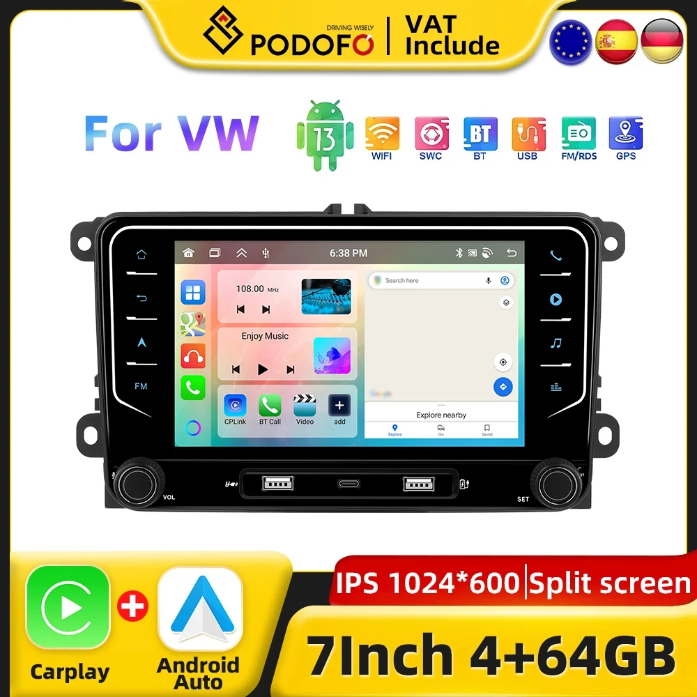 Podofo 7" CarPlay Android Car Radio For VW PASSAT GOLF POLOTOURAN JATTA Car Multimedia Player 2din GPS Stereo Type-C Autoradio Image