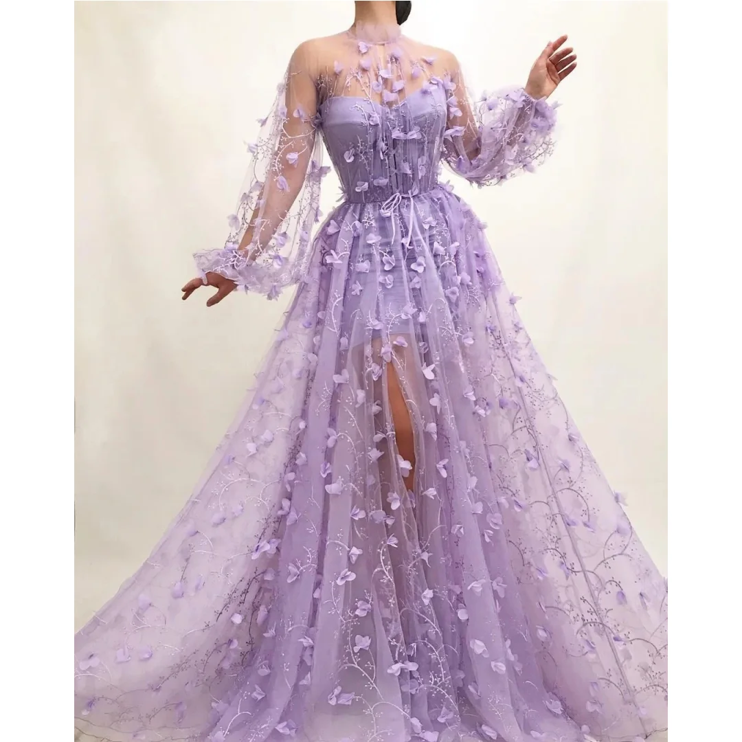 Mina 3D Flowers Evening Dress Luxury Elegant Womens Party Dresses for Special Occasions Customized Puff Sleeve Translucent Slit