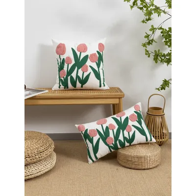 1pc Tulpen muster Baumwoll segel Stoff Kissen bezug im böhmischen Stil geeignet für Wohnkultur, Wohnzimmer, Schlafzimmer Image