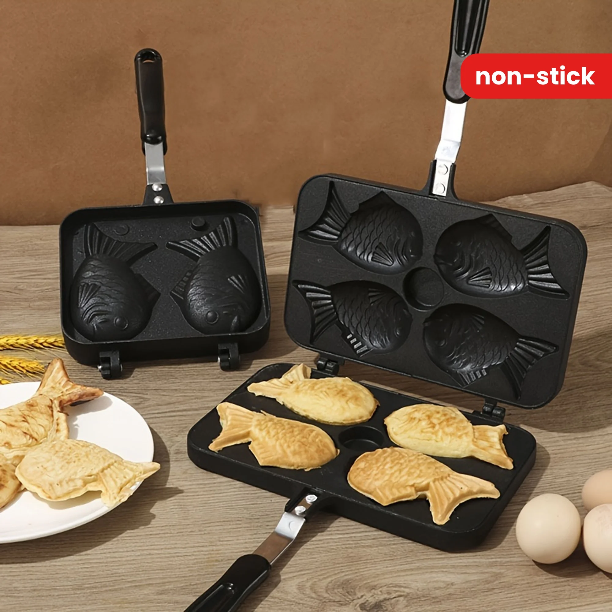 Taiyaki Waffeleisen in Fischform, Aluminiumlegierung, doppelseitig unbeschichtet, 6-fache Formpfanne für Snacks, Kuchen, antihaftbeschichtete Oberfläche Image