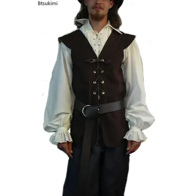 2025 Herren-Vintage-Weste mit Schnürung, lässig, Wildleder, mittelalterliche Herrenjacke, Gothic, Steampunk, viktorianischer Pirat, Cosplay-Kostüm Image