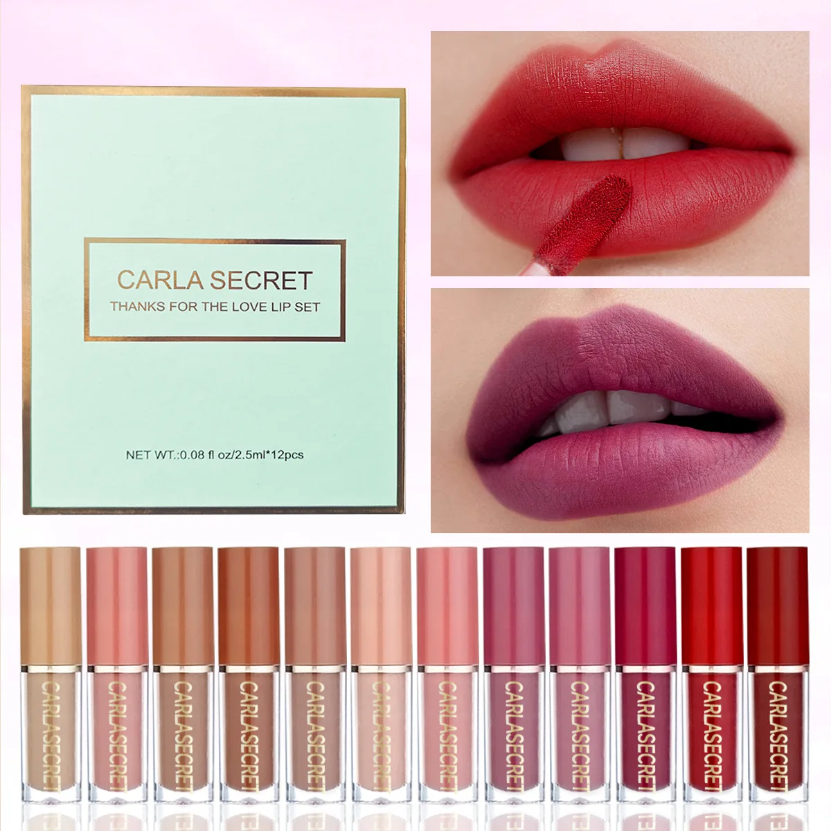 Set mit 12 antihaftbeschichteten Lipgloss-Geschenkboxen, Make-up, matt, flüssiger Lippenstift-Set, Lipgloss, Lippenpflege, langanhaltende Lippenfleck-Kosmetik Image