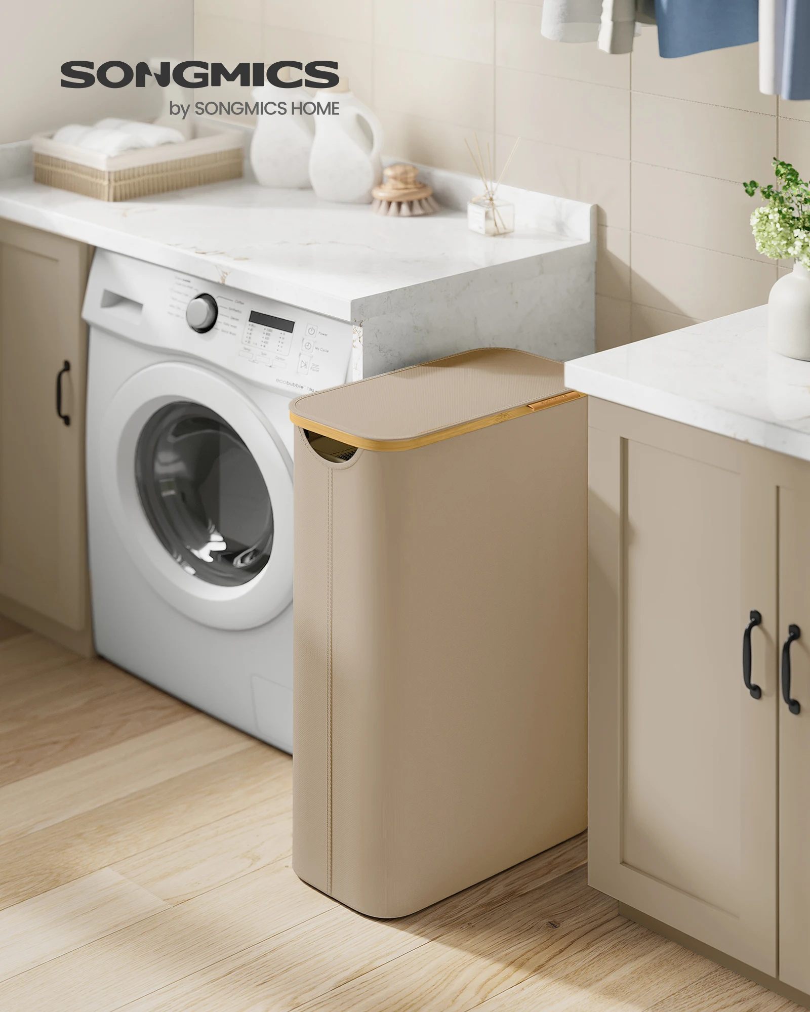 SONGMICS Wäschekorb mit Deckel,Wäschesammler 65 L,platzsparend,herausnehmbarer Wäschesack,Griffe aus Bambus, zusammenklappbar