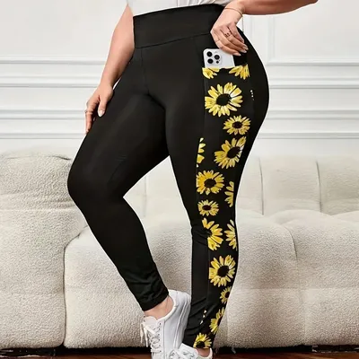Plus Size 1XL-5XL Women Fashion Yoga Fitness Leggings High Waisted Casual Printed Flower Solid Color Leggings