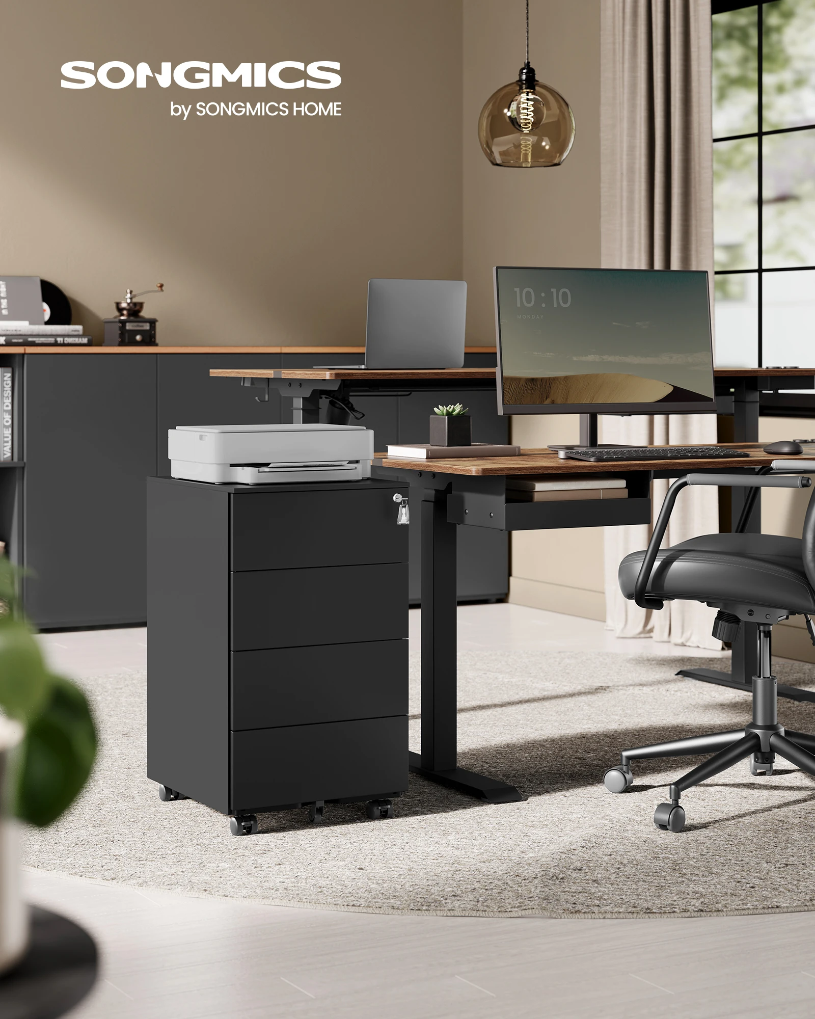 SONGMICS Rollcontainer, Metallschrank, mobiler Aktenschrank, Druckertisch, abschließbar, 4 Schubladen, Unterschrank, vormontiert Image