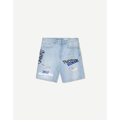 Bershka Printed Denim Bermuda Shorts Men 34 Light Blue