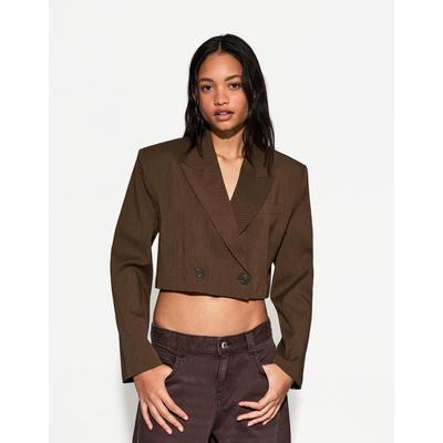 Bershka Double-Breasted Boxy Fit Blazer Women L Brown