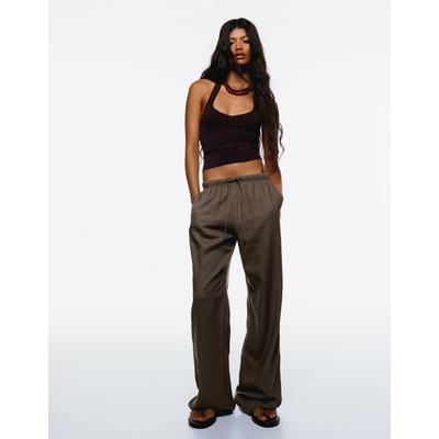 Bershka Linen Blend Trousers With An Elasticated Waistband Women Xs Sand