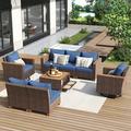 8-Piece Wicker Outdoor Patio Furniture Set with Thick Cushion Rattan Patio Swivel Rocking Chairs Set of 2 with Acacia Storage Table Wicker Conversation Set for Outdoor Couch Backyard Blue