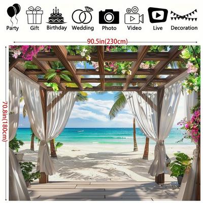 TEMU Party Backdrop - Tropical Seaside Scene Curtain For Weddings, Birthdays & Bridal Showers | Polyester Decor For Garden & Bar, Background Curtains, Party Banners, Country-themed Decor Image