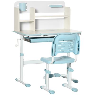 TEMU Homcom 's Desk And Chair Set For Over 3 Years Old With Adjustable Height, Tilted Desktop, Drawer And Bookshelf 80x52x88-109 Cm And 35.5x44.5x66-80 Cm Blue Image