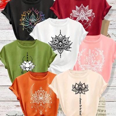 TEMU 7pcs Women's Floral Print T-shirts - Vibrant Mandala & Botanical Designs, Casual Round Neck Short Sleeve Tops, Soft Fabric, Multiple Colors (s-xxl) Image