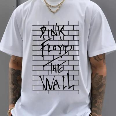"TEMU Men's Casual Short Sleeve T-shirt - Slim Fit 180gsm Cotton Crew Neck Tee With " The Wall" Graphic Print, Regular Fit Breathable Knit Fabric For & Music Fans" Image
