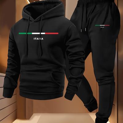 TEMU Men's Italian Print Hoodie And Sweatpants Set - Casual Long Sleeve Athletic Suit With Stretch Fabric, Olive Green & , Fall/winter, Sportswear|trendy Casualwear|stylish Waistwea Image