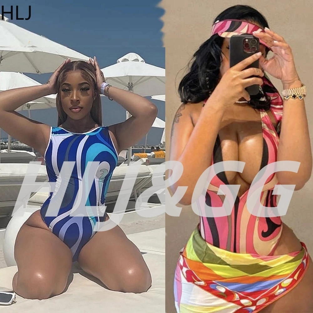HLJ Sexy Stripe Print Bodysuits SwimSuits Bra Bathing Suit 3 Piece Cover Up Women Halter Deep V Hollow Slim Bikini Set Beachwear