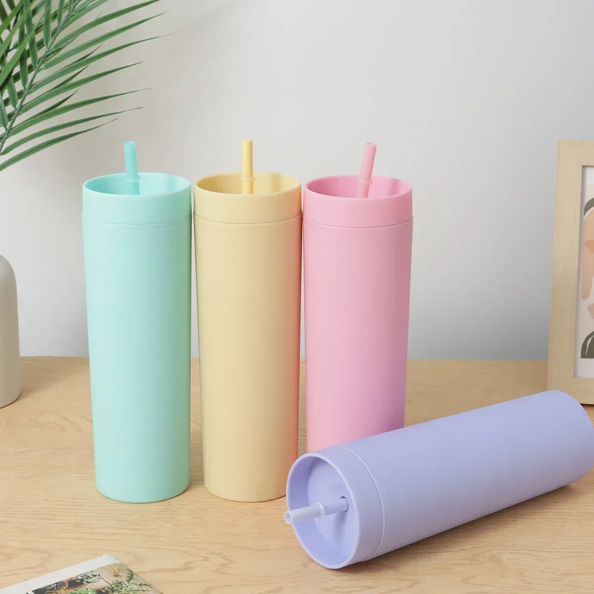 1PC-Tumbler Strohhalme Tasse Mit Deckel Drink Obst Saft Flasche Doppel Wand Kunststoff Tassen Geschenk für Festival Party Image