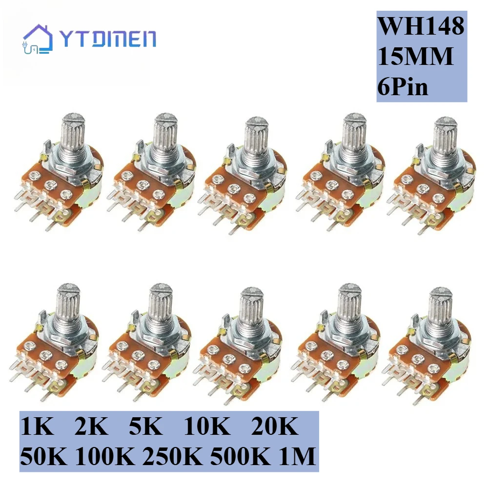 5 Stück WH148 6Pin Potentiometer 15mm Linear Potentiometer Welle mit Muttern und Unterlegscheiben Kit 1K 2K 5K 10K 20K 50K 100K 250K 500K 1M Image
