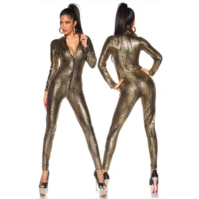 Sexy Schlangenhaut Print Dessous PU Overall Zentai Kostüm Frauen Catsuit Party Tanz Anzug Nachtclub Perfermencce Body Image