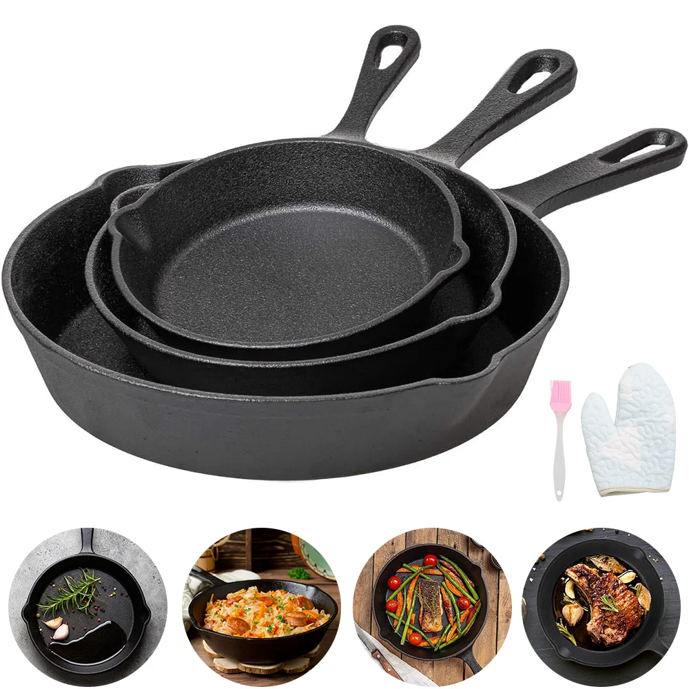 3pc Frying Pan Cast Iron Uncoated Black For Food Frying, Cooking And Stir-Frying Non-Stick Frying Pans Omelette Pan