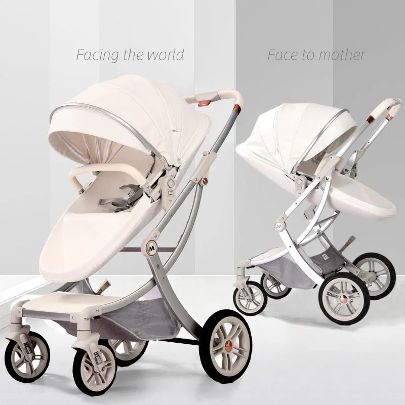 Kinderwagen 2-in-1, Luxus-Kinderwagen, Zwei-Wege-Eierschale, Neugeborenen-Kinderwagen, Schlafkorb, Leder, hohe Landschaft, PU-Leder Image